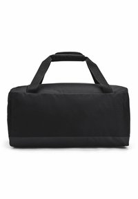 Bolsa de deporte negra hecha de un tejido duradero, con dos asas superiores, forma rectangular y una textura suave. Sin patrones ni acentos visibles.