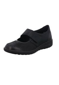 Schwarzer Schuh mit runder Spitze und Klettverschluss. Verfügt über ein strukturiertes Obermaterial und eine Gummisohle für guten Halt. Das Design ist im Bereich der Zehen offen.