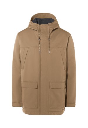 Giacca marrone resistente all'acqua con cappuccio, due tasche frontali e cordini regolabili. Fodera interna morbida e vestibilità comoda.