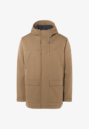 Giacca marrone resistente all'acqua con cappuccio, due tasche frontali e cordini regolabili. Fodera interna morbida e vestibilità comoda.