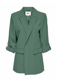 Vihreä räätälöity bleiseri, jossa on 3/4-pituiset käärityt hihat, lovetut kaulukset ja kaksi etutaskua. Valmistettu sileästä, kevyestä kankaasta.