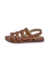 Sandal in pelle marrone con design open-toe, multiple cinghie sulla parte anteriore e una cinghia sul tallone con fibbia di metallo per la regolazione.