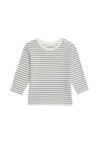 Langärmliges gestreiftes Oberteil in Weiß mit dunkelgrauen horizontalen Streifen. Verfügt über einen runden Halsausschnitt und Knopfakzente an der Schulter.