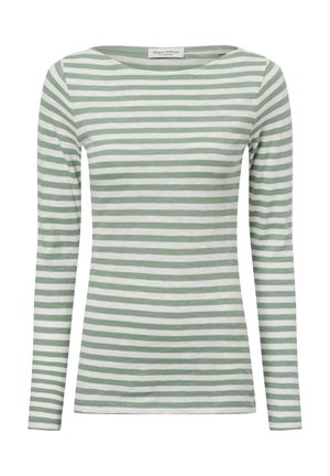 Maglietta a maniche lunghe in morbido cotone, con strisce orizzontali alternate verdi e bianche, colletto arrotondato e silhouette aderente.
