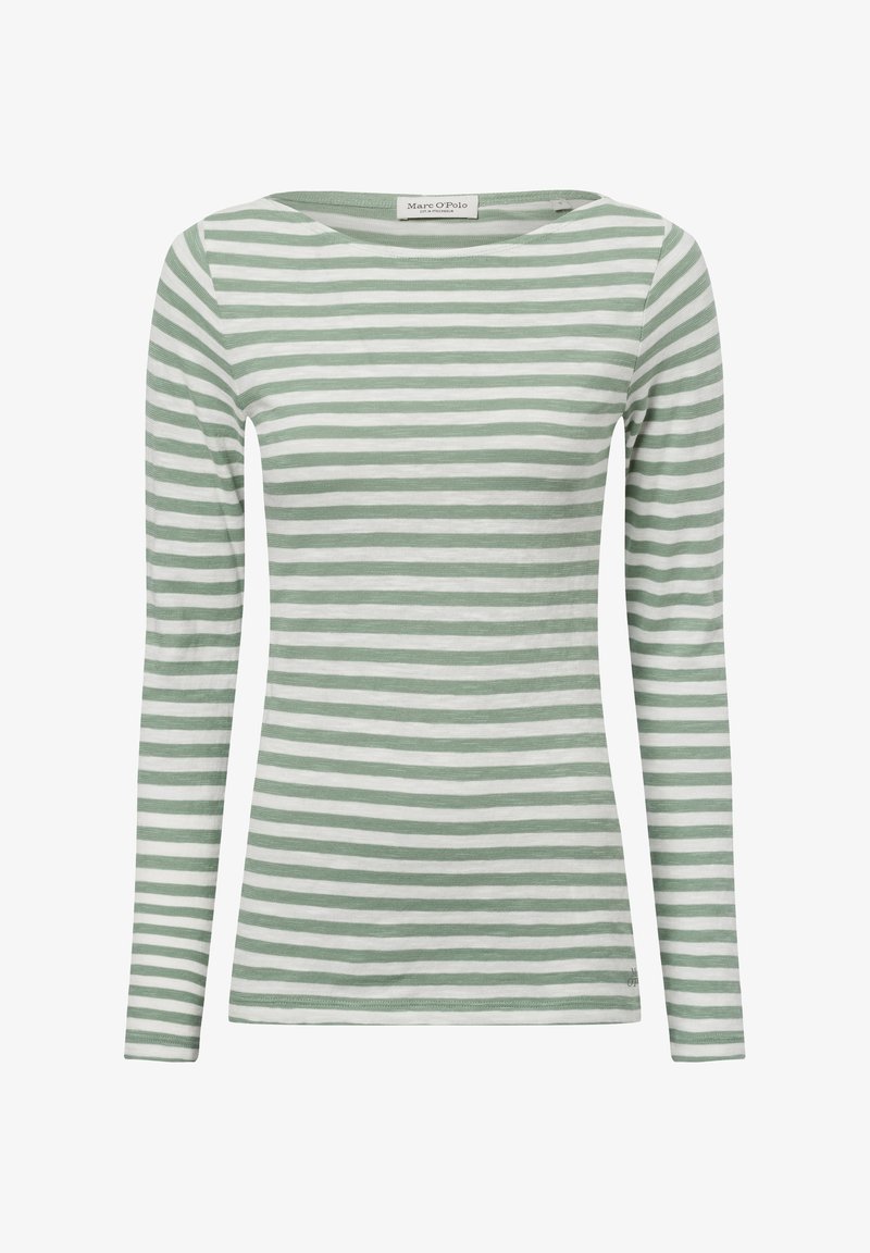 Garā piedurkņu krekls no mīksta kokvilnas, ar pārmaiņus zaļām un baltām horizontālām svītrām, ar apaļu kakla izgriezumu un pieguļošu siluetu.