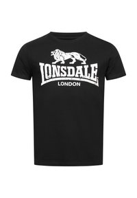Sort bomulds T-shirt med et hvidt trykt løvegrafik og "LONSDALE LONDON" tekst, rund halsudskæring og korte ærmer.