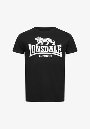 Must värvi puuvillane t-särk, millel on valge trükitud lõvi graafika ja "LONSDALE LONDON" tekst, ümar kaelus ja lühikesed varrukad.