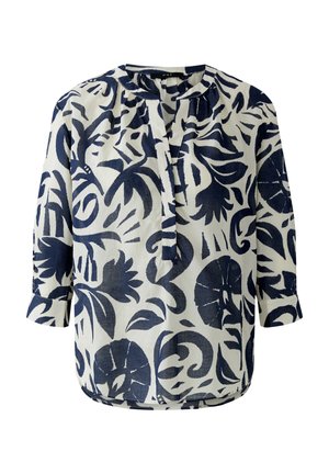 Witte blouse met een marineblauw abstract bloemmotief, lange mouwen, een ronde halslijn en een gedeeltelijke voorplacket.