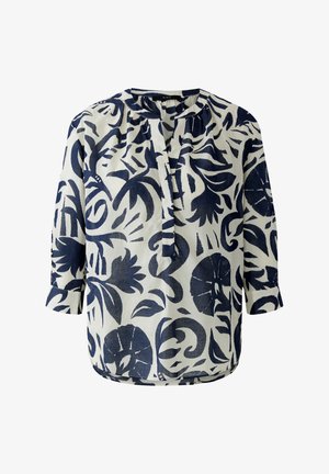 Witte blouse met een marineblauw abstract bloemmotief, lange mouwen, een ronde halslijn en een gedeeltelijke voorplacket.