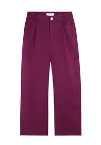 Brede broek in diep paarse linnen, met een knoop aan de voorkant en plooien, voorzien van zijzakken en een textuurafwerking.