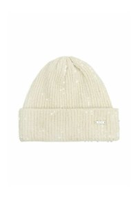 Prążkowana kremowa czapka z zagiętym mankietem, ozdobiona rozsianymi cekinami i małą metalową metką. Miękki, teksturowany materiał dzianinowy.