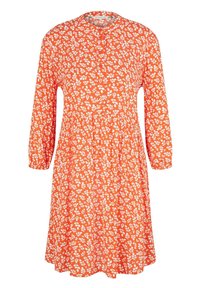 Robe orange à manches longues, motif floral blanc, fermeture à boutons sur le devant, et taille froncée pour un ajustement décontracté.