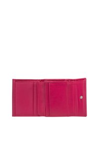 Portafoglio rosa in pelle con più scomparti per carte e una texture liscia. Presenta una chiusura a scatto e un design minimalista.
