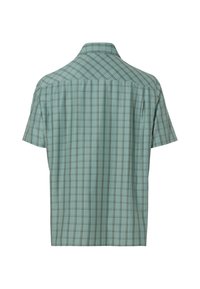 Kortebloesem in licht mintgroen met een ruitpatroon in donkergroen en beige. Beschikt over een klassieke kraag en een rechte snit.