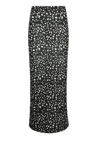 Musta midi-hame, jossa on abstrakti kuvio valkoisista ja vihreistä muodoista. Valmistettu pehmeästä kankaasta, jossa on sileä pinta ja muotoonommeltu siluetti.