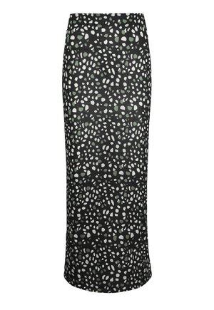 Gonna nera midi con un motivo astratto di forme bianche e verdi. Realizzata in un tessuto morbido con una superficie liscia e una silhouette aderente.