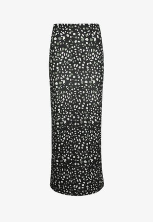 Schwarzer Midi-Rock mit einem abstrakten Muster aus weißen und grünen Formen. Hergestellt aus einem weichen Stoff mit glatter Textur und figurbetonter Silhouette.