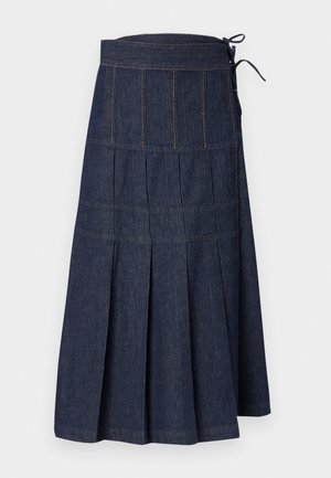 Jupe midi en denim bleu foncé avec larges plis et détail lacé sur le côté, avec des coutures contrastées orange.