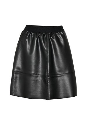 Jupe en cuir noir avec une surface texturée, une taille élastique et une forme structurée. Présente des coutures visibles et une finition lisse.
