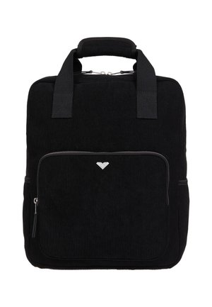 Sac à dos en velours côtelé noir avec une poche avant zippée, deux poignées supérieures et un petit logo argenté en forme de cœur sur la poche.