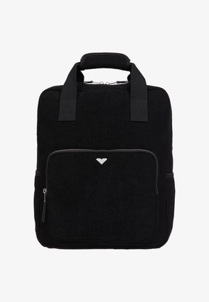 Sac à dos en velours côtelé noir avec une poche avant zippée, deux poignées supérieures et un petit logo argenté en forme de cœur sur la poche.