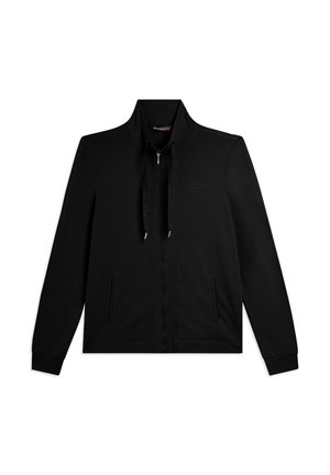 Giacca nera con zip, colletto alto, coulisse, due tasche frontali e logo del marchio discreto sul petto sinistro.