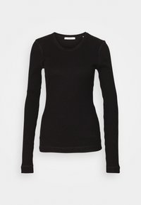 Maglietta nera a maniche lunghe con scollatura tonda. Presenta maniche aderenti e una silhouette attillata, realizzata in un tessuto elasticizzato.