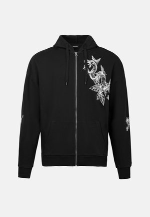 Zwarte rits-hoodie van katoen met een ontspannen pasvorm. Voorzien van witte bloemen- en slangontwerpen op de voorkant en de linker mouw.