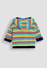 Sudadera a rayas para niños en mezcla de algodón, que presenta vibrantes rayas rojas, azules, verdes, amarillas y naranjas con dobladillo y puños en azul marino.