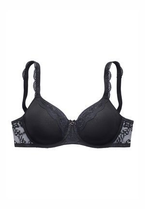 Black underwire bra with lace detailing on cups and sides. Adjustable straps, smooth texture, and small metal accent at the center.