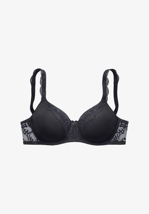 Black underwire bra with lace detailing on cups and sides. Adjustable straps, smooth texture, and small metal accent at the center.