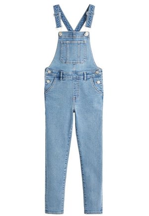 Lyseblå denim-dragter med justerbare skulderstropper, frontlomme på brystet, knaplukninger i siden og lige ben-design.