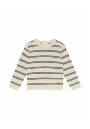 Langärmliger Strickpullover mit beigen und grauen horizontalen Streifen und einem kleinen braunen Logoaufnäher nahe dem unteren Saum.