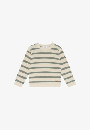 Langärmliger Strickpullover mit beigen und grauen horizontalen Streifen und einem kleinen braunen Logoaufnäher nahe dem unteren Saum.