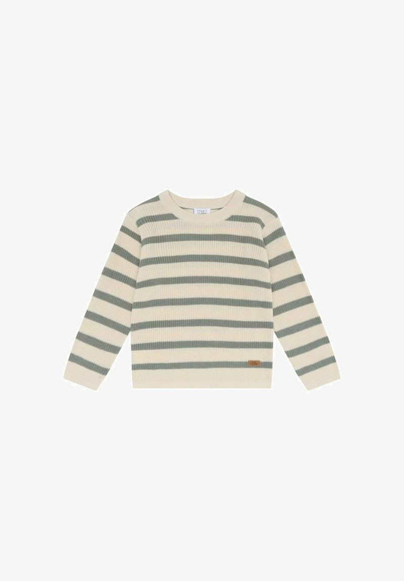 Long-sleeve knit sweater with beige and gray horizontal stripes and a small brown logo patch near the bottom hem.