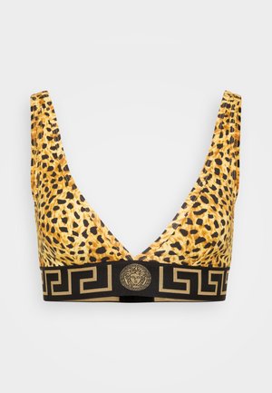 Leopardmønster bralette med dyp V-hals, med en svart kant med et gull gresk nøkkelmønster og et sentralt emblem. Dristig og teksturert design.