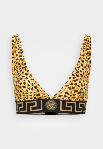 Bralet s leopardím vzorom a hlbokým V-výstrihom, so čiernym pásom so zlatým grécky kľúčovým vzorom a centrálnym emblémom. Odvážny a textúrovaný dizajn.