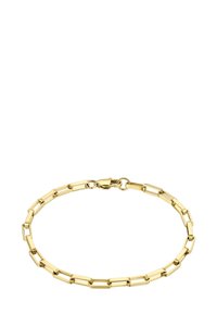 Zelta krāsas rokassprādze ar taisnstūra ķēdes posmiem un īkšķa āķa aizdari. Gluda, spīdīga virsma ar vienmērīgu apdari.