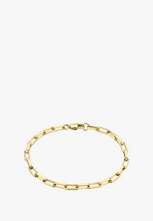 Zlato obarvan zapestnica z pravokotnimi verižicami in zaponko na ježka. Gladka, sijoča površina z enotnim zaključkom.