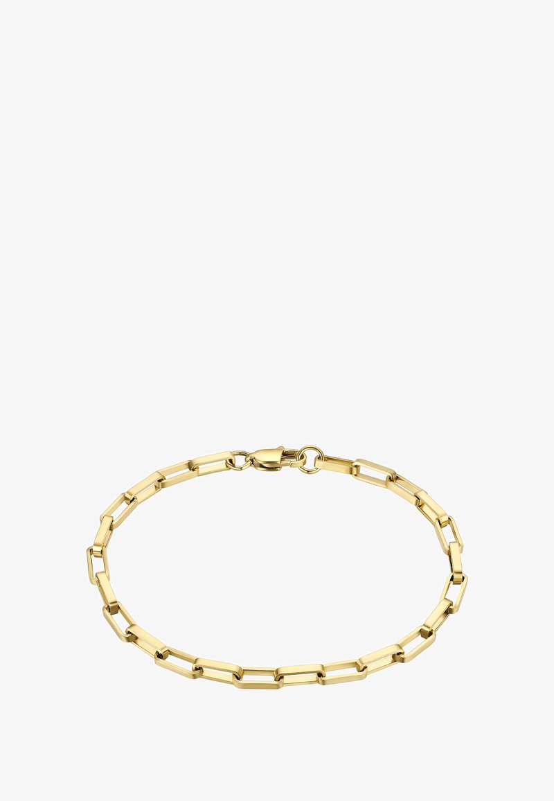 Zelta krāsas rokassprādze ar taisnstūra ķēdes posmiem un īkšķa āķa aizdari. Gluda, spīdīga virsma ar vienmērīgu apdari.