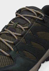 Chaussure de randonnée en mesh vert foncé et noir avec des lacets gris parsemés de points jaunes et une semelle robuste pour une bonne adhérence en extérieur.