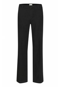 Svarta denimbyxor med rak bendesign, framfickor och bälteshällor, med en slät yta och rena linjer.