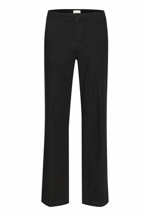 Black denim trousers featuring a straight leg design, front pockets, and belt loops, with a smooth texture and clean lines.