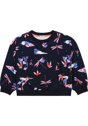 Sudadera azul marino con estampado floral y de libélulas, con escote redondo, dobladillo acanalado y puños elásticos para un ajuste ceñido.