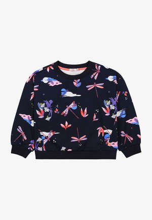 Sweat-shirt bleu marine avec motif floral et libellules, doté d'un col rond, d'un ourlet côtelé et de poignets élastiques pour un ajustement confortable.
