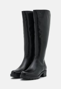 Bottes noires montantes en cuir lisse avec un bout arrondi, un talon bloc et une fermeture éclair sur le côté ; présentant un design minimaliste.