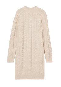 Robe-pull beige en maille avec motif torsadé, col rond et manches longues. Comprend des poignets et un ourlet côtelés pour un look structuré.