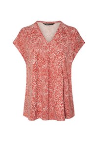 Top de rayas rojas y blancas con escote en V y mangas cortas. La tela tiene una textura ligera y un diseño suelto y acampanado.