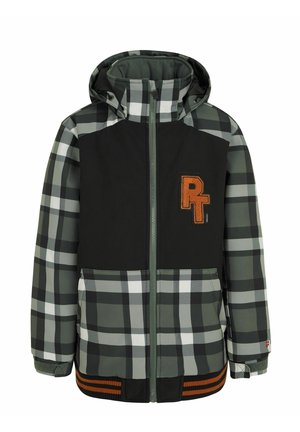 Børne vinterjakke med hætte i grønt og sort ternet mønster, sort brystpanel, orange "PT" mærke og lynlåslukning foran.