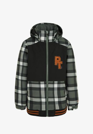 Children's hooded winter jacket with green and black plaid pattern, black chest panel, orange "PT" patch, and front zipper closure.